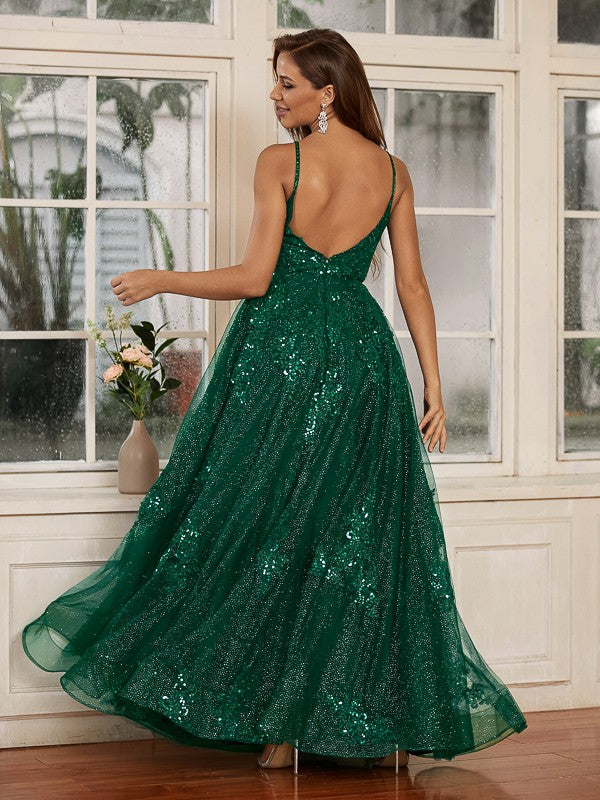 Robe longue sans manches à col en V et appliques en dentelle